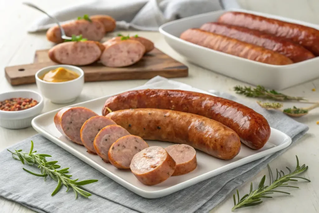 Different types of cooked sausages.