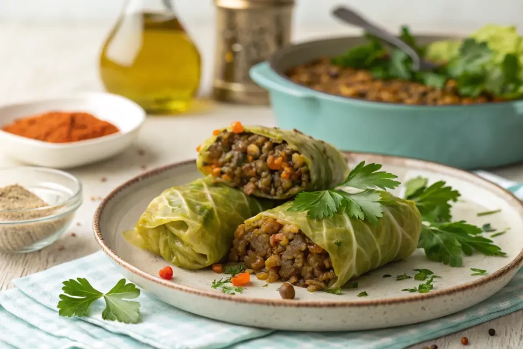 Vegan Cabbage Rolls Stuffed with Lentils and Mushrooms