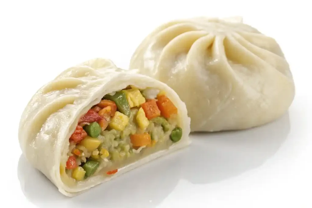 Close-up of a vegan dumpling with colorful filling.