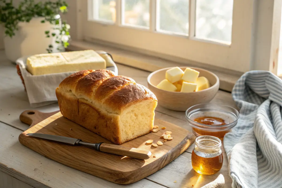 Golden brioche loaf with butter and honey in a rustic kitchen setting.