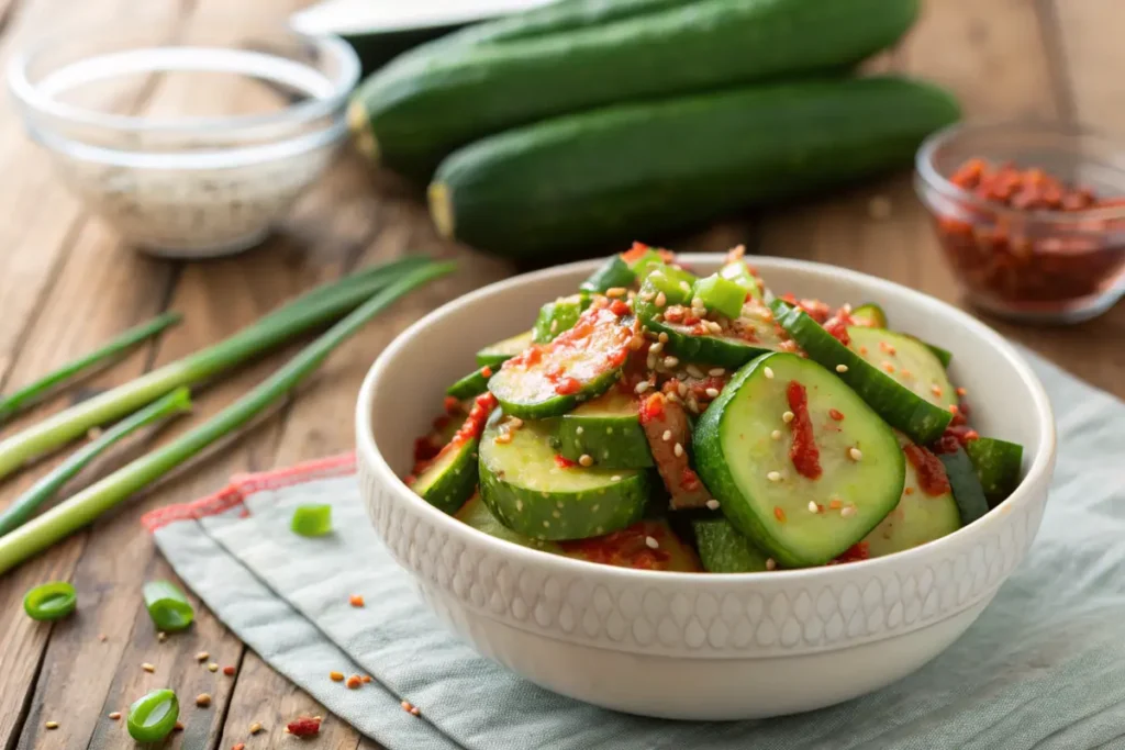 Freshly made cucumber kimchi in a bowl.