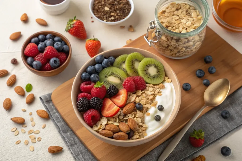 PCOS-friendly breakfast with colorful fruits, whole grains, nuts, and yogurt.