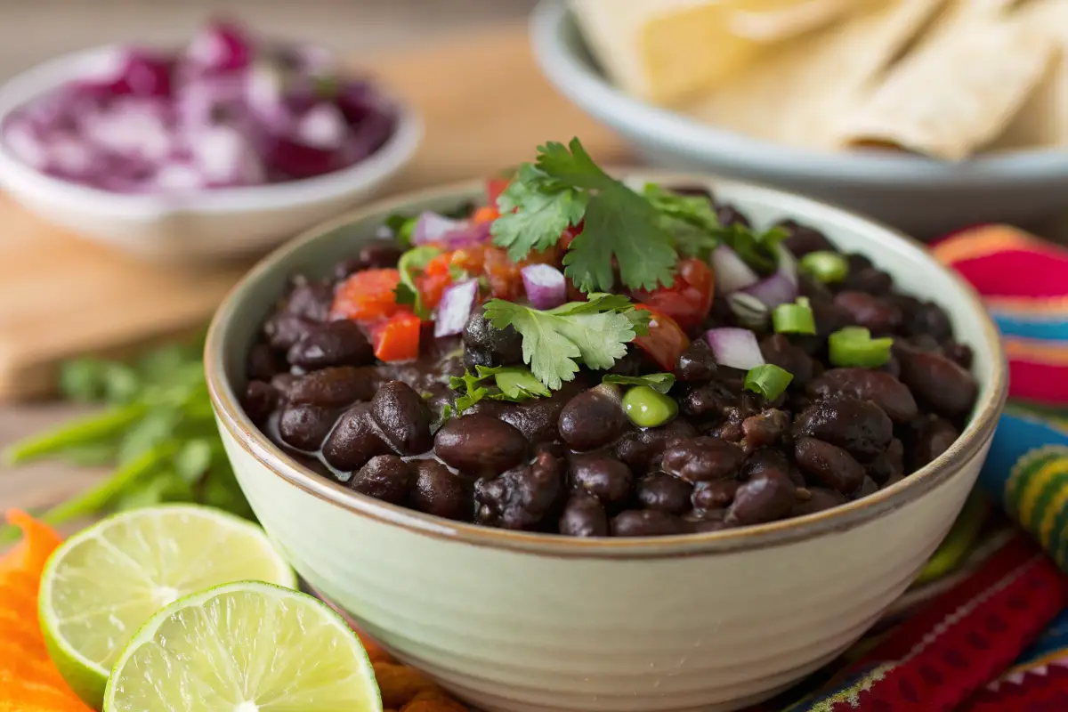 Steaming bowl of Cuban black beans with fresh garnishes.