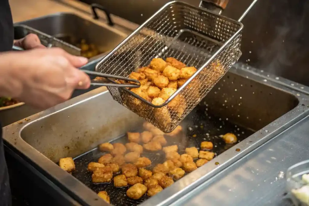 Wingstop fried corn being deep-fried in hot oil.