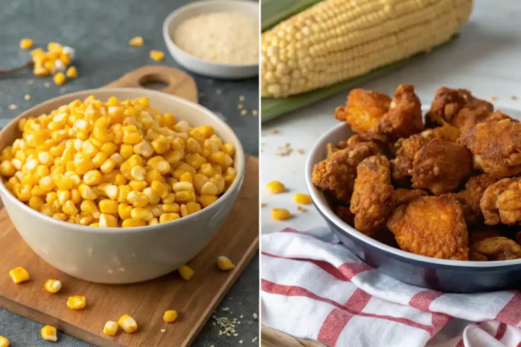 A comparison of raw corn kernels vs fried Wingstop corn