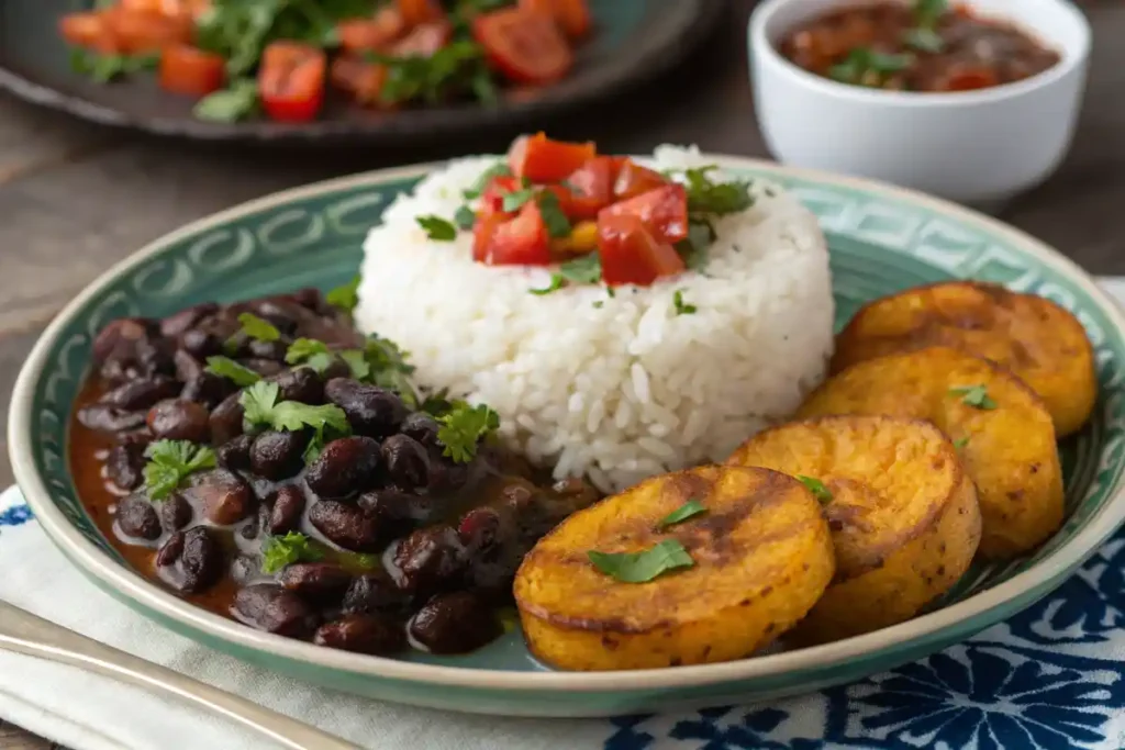 Serving plate with rice, beans, and plantains