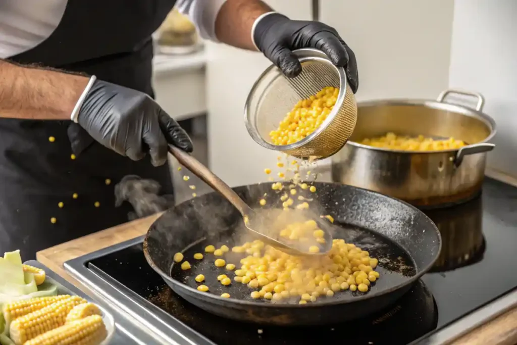 Adding Frozen Corn Kernels in Oil.