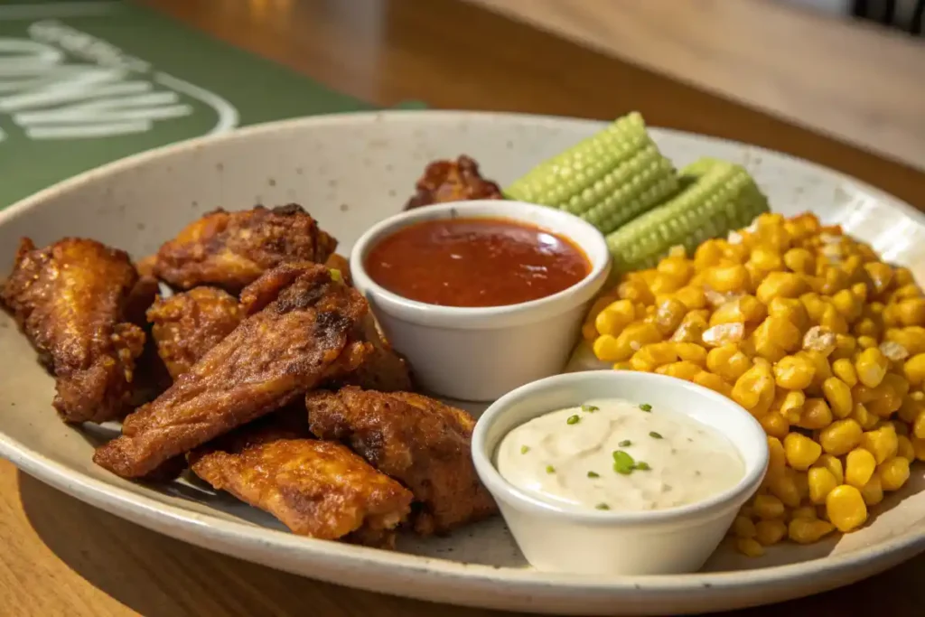 Wingstop fried corn paired with chicken wings and dipping sauces