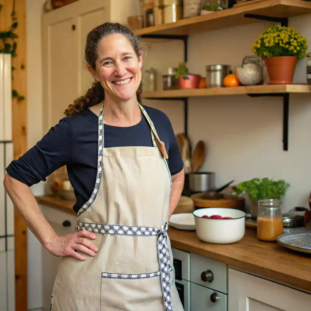 A female chef wearing a white chef's jacket and striped apron holds up her hand in a stop gesture.